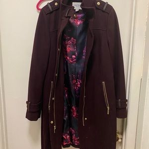 Women’s long burgundy military style coat w/belt